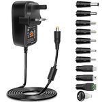 30W Universal Power Adapter AC to DC Wall Main Charger, Multi Voltage 3V 4.5V 5V 6V 7.5V 9V 12V with 10 Selectable Adaptor Plugs for Household Electronic with 5V 2.1A USB Port, 2500mA Max