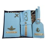 Mekhush 3 Piece Personalized Leather Gift Set – Passport, Sunglasses Cover & Luggage Name Tag with Customised Name & Charm | Corporate Gifting Option for Office Employees & Clients (Baby Blue)