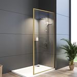 Bathroom Fixed Glass Shower Wall Panels, 34 in W x 74 in H Framed Tempered Shower Glass Panel for Open Walk-in Bathroom and Bathtub, Clear Glass Shower Panel with Matte Brushed Gold Finish