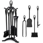 Amagabeli Garden Home 25.2"(64cm) 5 Pieces Fireside Companion Set Black Wrought Iron Fireplace Tools Sets Wood Burner Accessories Indoor Fire Pit Stand Tongs Shovel Brush Chimney Poker Wood Stove