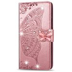 ZYZX LG Stylo 5 Wallet Case,3D Butterfly Flower LG Stylo 5 PU Leather Flip Phone Shell, with Credit Cards Slot and Stand Shockproof Magnetic Protective Cover(Rhinestone Rose Gold)