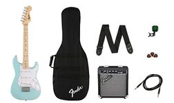 Fender FSR Squier Electric Mini Stratocaster Electric Guitar Pack, Daphne Blue, Ideal For Guitar Beginners. Includes Amp, Cable, Strap, Picks and Clip-On Tuner.