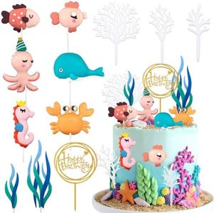 Morofme Sea Cake Toppers, 12pcs Sea Birthday Cake Topper Cupcake Topper, Ocean Animals Sea Cake Decorations for Kids Under the Sea Ocean Sea World Theme Birthday Baby Shower Party Supplies