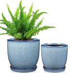 Oairse Set of 2 Ceramic Plant Pots 12CM 15CM Indoor Ceramic Planter with Drainage Holes and Saucers Tray Decorative Flower Pots Blue Garden Pot for Succulent Cactus House Plants