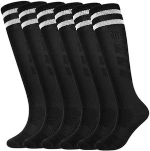Kids Soccer Socks Boys Football Socks 6 Pairs Girls Striped Knee High Socks Baseball Softball Sports Teenager Youth (Black, 10-14 Years)