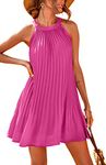 PRETTYGARDEN Women's Cute Halter Neck Sleeveless Mini Dress Solid Color Flowy Pleated Beach Dress Sundress, Rose Red, M