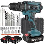 VOERJIA 21V Cordless Drill, Power Drill Cordless, Cordless Drill with 2 Batteries 2000mAh, 45Nm Max Hammer Drill, 25+3 Torque Electric Drills, 3/8" Chuck, 2 Spees LED Combi Drills, 46Pc DIY Drill Set