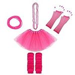 Lizzy 5Pc Neon Costume (Leg Warmers + Fishnet Gloves + 3Layer Tutu + Beads Necklace + Gummy Bracelet) Set | 80s Neon Teen Fancy Dress Dance ware Hen Party Accessory (Neon Pink, Older Girls)