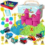 ThinkMax Sand Kit for Kids - 3lbs Sand, 6 Mini Construction Trucks, Toys, Signs, Castle Molds, Tools, Foldable Box and Storage Bin Tote - 43PCS Set for Boys Girls
