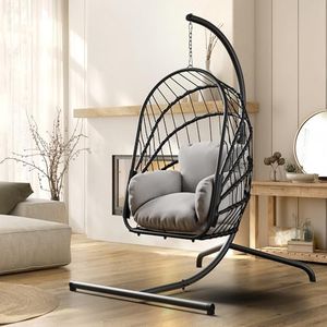 YITAHOME Wicker Swing Egg Chair with Cushions 350lbs, Foldable Hanging Basket Chair W/Stand Rattan Hammock Chair for Outdoor, Indoor, Patio, Bedroom - Grey