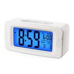 Plumeet Digital Alarm Clock, Light Up All Night, 4'' LCD Display Showing Time Alarm Date, Smart Light Clocks with Snooze for Bedroom Kitchen Office Battery Operated (White)