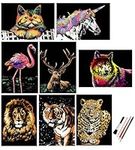 Scratch Painting, Scratch Art Rainbow Paper A4 for Adults and Kids, DIY Art Craft Night View Scratchboard with 4 Tools, 8 Pack 11.6 X 8.3 Inch (Animal Series)