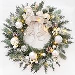 Prelit Christmas Wreath with White Bow and Ball Ornaments, TOKCARE 20 Inch Christmas Wreath with Lights for Front Door Battery Operated LED Lights, Holiday Decoration for Fireplace Xmas Decor