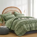 Sage Green Tufted Comforter Set Full Size 7 Piece Bed in a Bag, Shabby Chic Boho Comforter and Sheet Set, Pom Pom Textured Bed Set, All Season Soft Microfiber Complete Bedding Set(Green,Full)