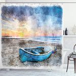 Sunrise Shower Curtain by Ambesonne, Fishing Boat on Beach with Horizon on Backdrop Seashore Grunge Watercolor Print, Fabric Bathroom Decor Set with Hooks, 75 Inches Long, Blue Orange