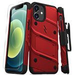 Zizo Bolt Series for iPhone 12 Mini Case with Screen Protector Kickstand Holster Lanyard - Red & Black