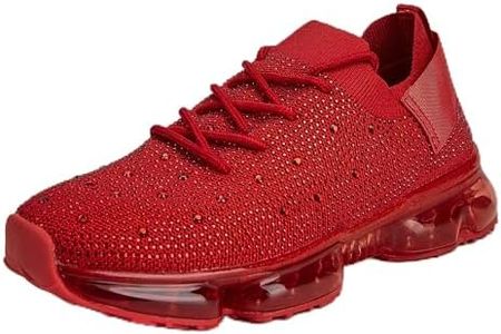 LUCKY STEP Women Air Cushion Fashion Sneakers Breathable Casual Comfortable Lightweight Walking Shoes(Red Rhinestone,7B(M) US)