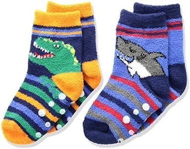 Jefferies Socks Boys' Little Dinosaur and Shark Fuzzy Non-Skid Slipper Socks 2 Pair Pack, Multi, Small