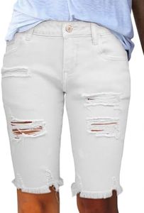 Sidefeel Women's Bermuda Shorts Stretchy Ripped High Rise Summer Jeans Raw Hem Denim Shorts White Size 12