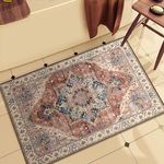 Boho Tribal Area Rug 2x3 Bathroom Doormat Indoor Carpet Farmhouse Rug Small Area Rug Faux Wool Non-Slip Washable Low-Pile Floor Carpet for Indoor Front Entrance Kitchen Bathroom, Brickred