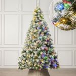 Christow Pre-Lit Flocked Christmas Tree 7ft, Dual-Coloured LED Lights (Switch from Warm White to Multi-Coloured), Chamonix Spruce, Snowy PVC Tips, 11 Modes – Colour Changing, Timer, 121cm Diameter