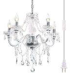 Plug-in 5 Light Crystal Hanging Pendant Lights Acrylic Chandelier with Clear Cord & On/Off Switch H19 D19.7 for Kitchen Island Girls' Room Dining Area Laundry Pavilion.