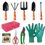 Kraft Seeds by 10CLUB Gardening Hand Tools Kit - 10 Pcs (Cultivator, Gardening Fork, Trowels, Weeder, Gardening Gloves, Scissors, Pruner, Seed Packet, Metal Box) Garden Tool Kit for Home Garden