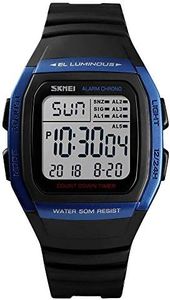 SKMEI Men's Square Digital Watch, Classic Multi-Function Waterproof Stopwatch Countdown Alarm Watch for Men, 3-Blue, Digital