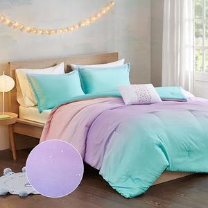 Mi Zone Queen Comforter Set Full Bed Comforter Reversible Colorful Metallic Glitter Ombre Printed Modern, All Season Bedding Set, Sham & Toss Pillow, Glimmer Pink Purple Rainbow Full/Queen 4 Piece