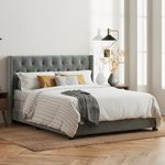 STRATA FURNITURE Sheesham Wood Queen Size Wingback Headboard Bed Cot Without Storage Upholstered Double Bed for Bedroom Living Room Home (Dark Grey Finish)