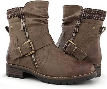 Hawkwell Women's Combat Boots Fashion Side Zipper Buckle Ankle Booties,Khaki PU,5 M US