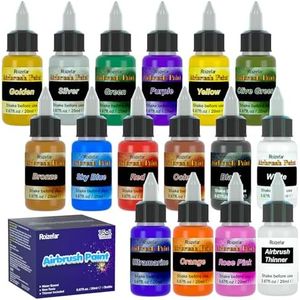 Roizefar Airbrush Paint, Air brush Paint Kit 15 Acrylic Paints + 1 Airbrush Thinner, Airbrush Set For DIY Projects, Beginners, Water-Based Paint, Opaque & Neon Colours 20ml/Bottle