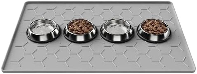 Pieviev 34''x22'' Dog Cat Food Bowl Mat, Silicone Waterproof Food Grade Pet Food Mat for Floor, High Raised Edge to Prevent Spills, Non-Slip & Easy Clean Pet Placemat for Dog & Cat Bowls, Light Gray