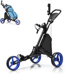 SPOTRAVEL 3 Wheel Golf Trolley, Folding Golf Cart with Storage Bag, Umbrella Holder, Foot Brake & Built-in Cooler, Portable Golf Push Trolley(Blue,Without Detachable Seat,122 x 69 x 98-114cm)