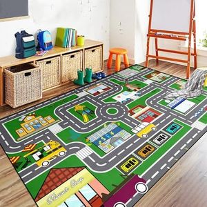 Car Rugs for Kids, Green Car Traffic Road Play Mat Carpets for Kids Room Bedroom Playroom Nursery Room Decor, 4'5''×6'