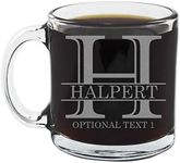 Personalized Etched Monogram 12oz Glass Coffee Mug - Halpert, Customized Gifts for Her Him, Unique Monogrammed Cup Initial