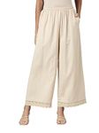 GO COLORS Women Solid Light Beige Mid Rise Linen Wide Relaxed Fit Pant