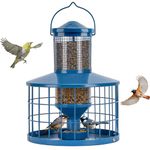 Caged Bird Feeders Squirrel-Proof, Metal, 2.8 Lbs Capacity-Cage Tube Seed Feeders with Tray Outdoor Hanging, Attract Birds,Detachable Cleaning, Starling Proof Wild Bird Feeder（Blue）