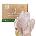 Eco Fairy - 300-piece Disposable Cutlery | Sturdy Compostable Cutlery | Reusable Disposable Spoons (125), Forks (125), & Knives (50) Set for Parties, Catering, and Camping Trips
