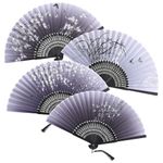 GWHOLE Hand Fan Silk Folding Fan Handheld Fan Chinese Japanese Vintage Bamboo Hand Held Fan with Satin Sleeve for Women Birthday Wedding Gifts Performance Props Home Decorations, 4pcs