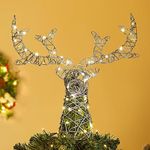 Lewondr Christmas Tree Topper, Metal Frame Deer Tree Topper with 50 Warm Light Beads, Remote & USB Operated Tree Topper with Lights 6H Timer, Xmas Tree Decor for Holiday Home Decoration, Silver
