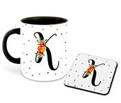 WHATS YOUR KICK - Letter K Name Initial Alphabet Inspiration Printed Black Inner Ceramic Coffee Mug with Coaster- Birthday | Anniversary | Best Gift | Hobby (Multi 11)