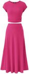 BTFBM Women Two Piece Skirt Set Casual Ribbed Knit Crew Neck Short Sleeve Cropped Top Elastic Waist Swing Midi Skirts(Solid Rose Red, Large)