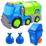 PLUSPOINT Realistic Garbage Truck Toy Friction Powered Garbage Truck Toy for Kids Green Recycle Dump Truck with Openable Back Also Light and Music Toy with dustbin and 2 Small Trash Bags