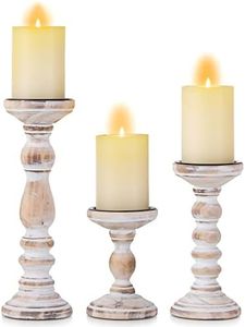 Candle Holder for Pillar Candles: Romadedi Set of 3 Decorative Wood Candlestick Holders, Rustic Wooden Candle Stand for Fireplace Mantle End Table Shelf in Farmhouse Style, Whitewashed 6”, 8.3”, 12”