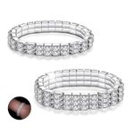 2PCS Rhinestone Stretch Bracelets,LucBuy Twinkle Diamond Tennis Bangle,Silver Crystal Sparkling Bridal Stackable Bracelet Jewelry,Bling Shining Wedding Party Elastic Band Bracelet for Women Girls