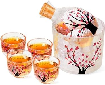 Irenare Japanese Sake Set for 4 Saki Cup Set Pink Cherry Blossoms Sake Bottle Cup Set Including 1 Sake Bottle 1 Sake Tank and 4 Sake Cups for Cold Hot Warm Sake Carafe, Japanese Gifts