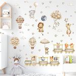 Cartoon Animal Wall Decals Cute Train Animal Wall Stickers Hot Air Balloon Wall Stickers Stars Moon Cloud Wall Decals Flying Animal Wall Stickers for Nursery Kids Bedroom Decor