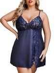 Avidlove Women's Sexy Plus Size Lingerie Sexy Lace Babydoll Mesh Strap Chemise V Neck Navy Blue 4XL