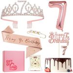 8pcs 7th Birthday Decorations for Girls, 7th Birthday Gifts Includes Tiara Crown, Birthday Sash with Pearl Pin, Happy Birthday Banner, Number Candles and Balloon Set, Happy Birthday Cake Toppers